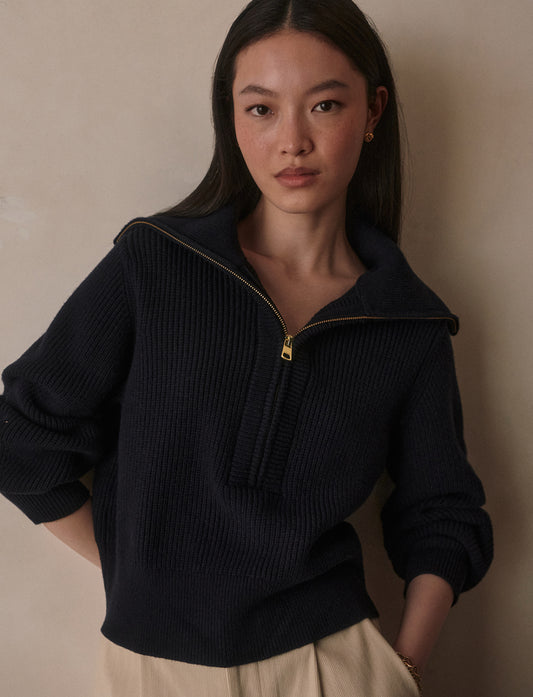 Maura Half-Zip Rib Knit- Navy