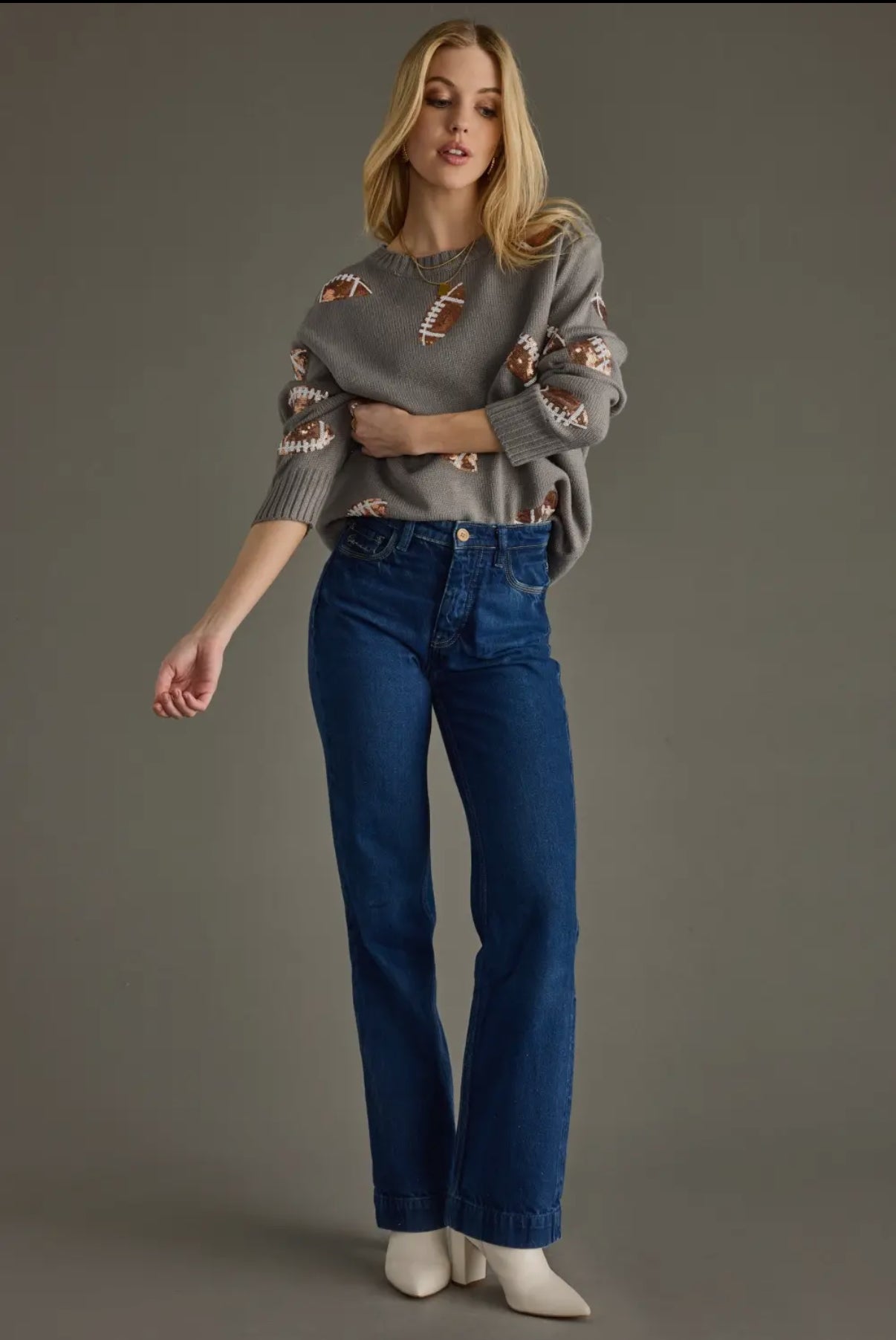Gray Sequin Footballs Sweater