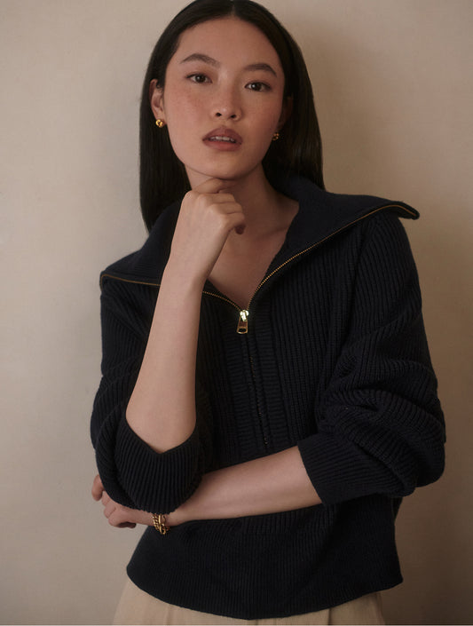 Maura Half-Zip Rib Knit- Navy