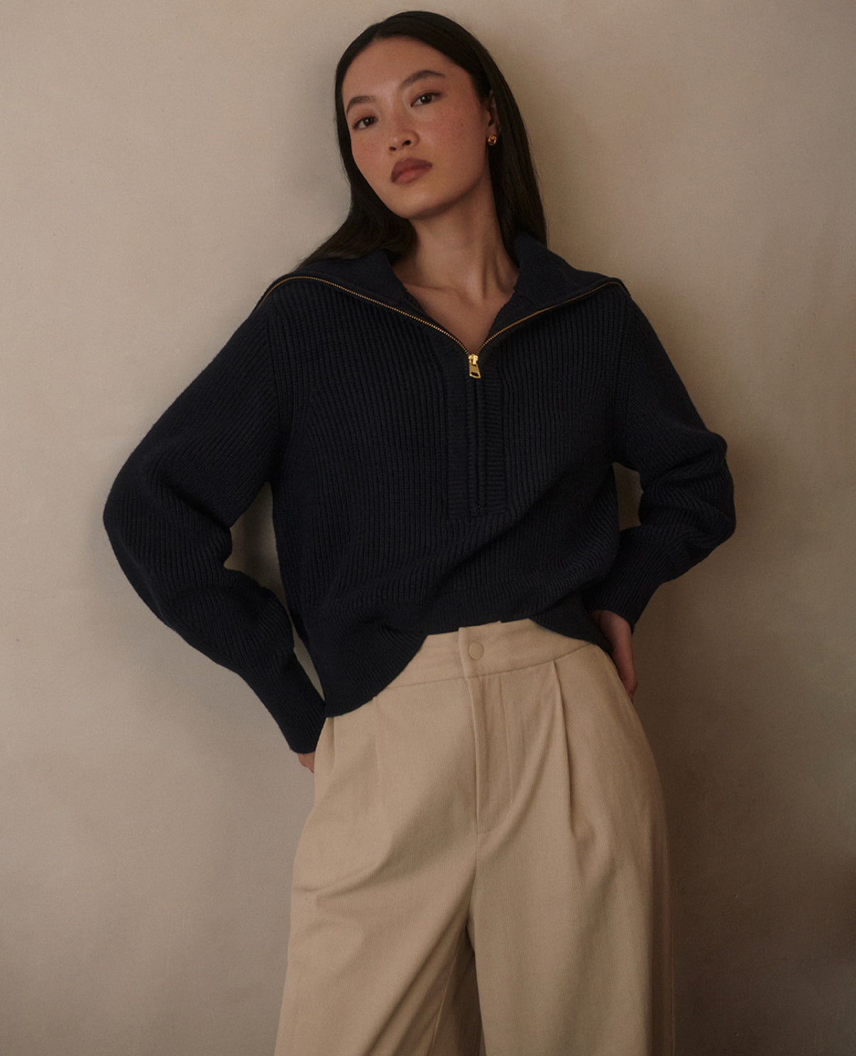 Maura Half-Zip Rib Knit- Navy