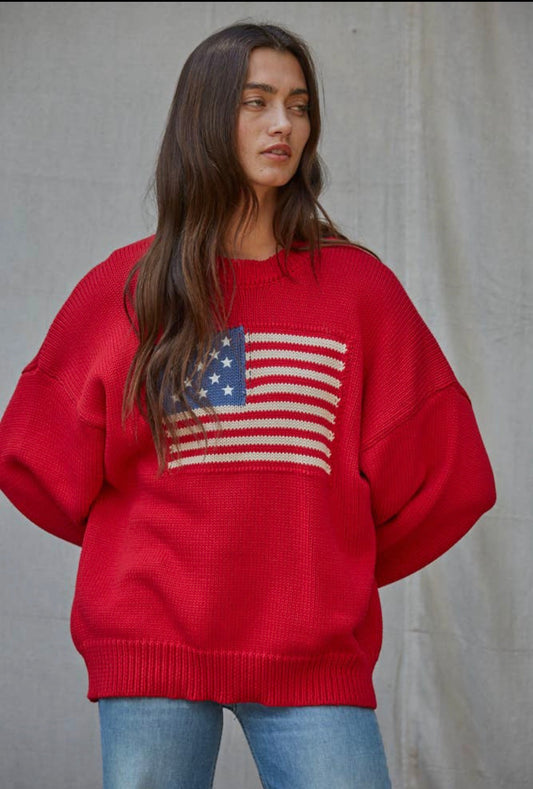 American Flag Knit Sweater - red