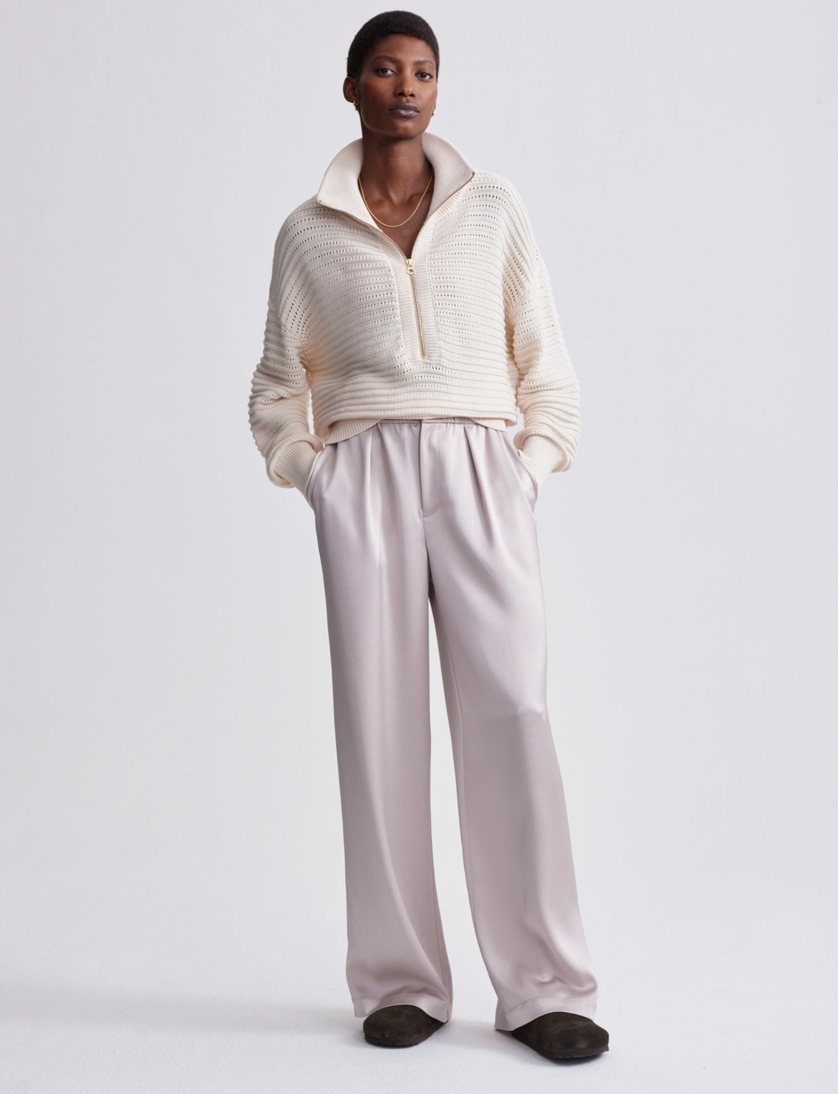 Tara Pointelle Half-Zip Knit- whitecap grey