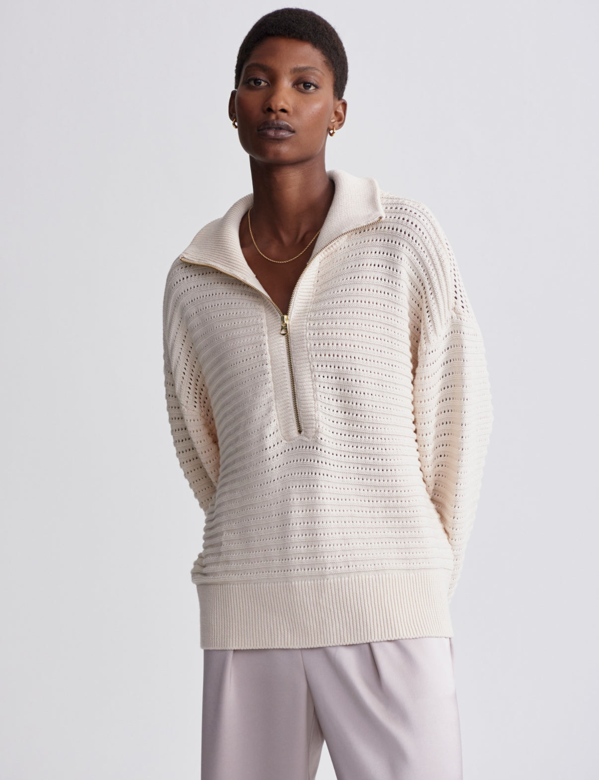 Tara Pointelle Half-Zip Knit- whitecap grey