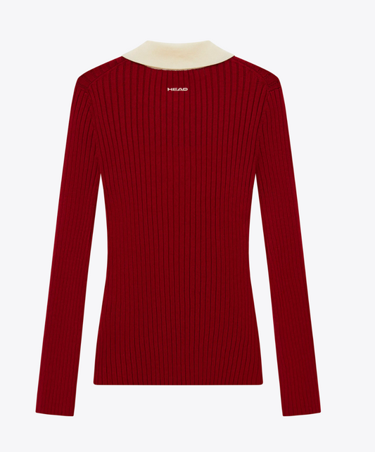 Pointelle Rib Long Sleeve Knit Polo- Red