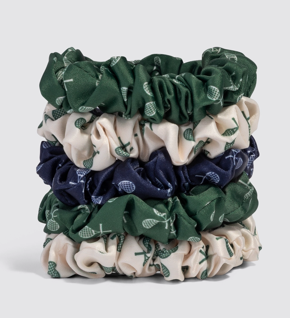 Ruched Satin Scrunchies 5pc Set - Cream, Court Green & Navy Blue