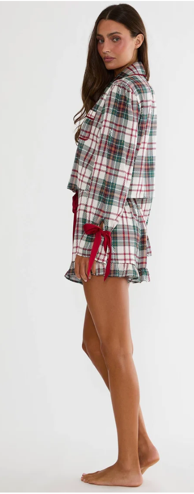 Aurora & Luna Pj Set Frosted Pine Plaid Satin