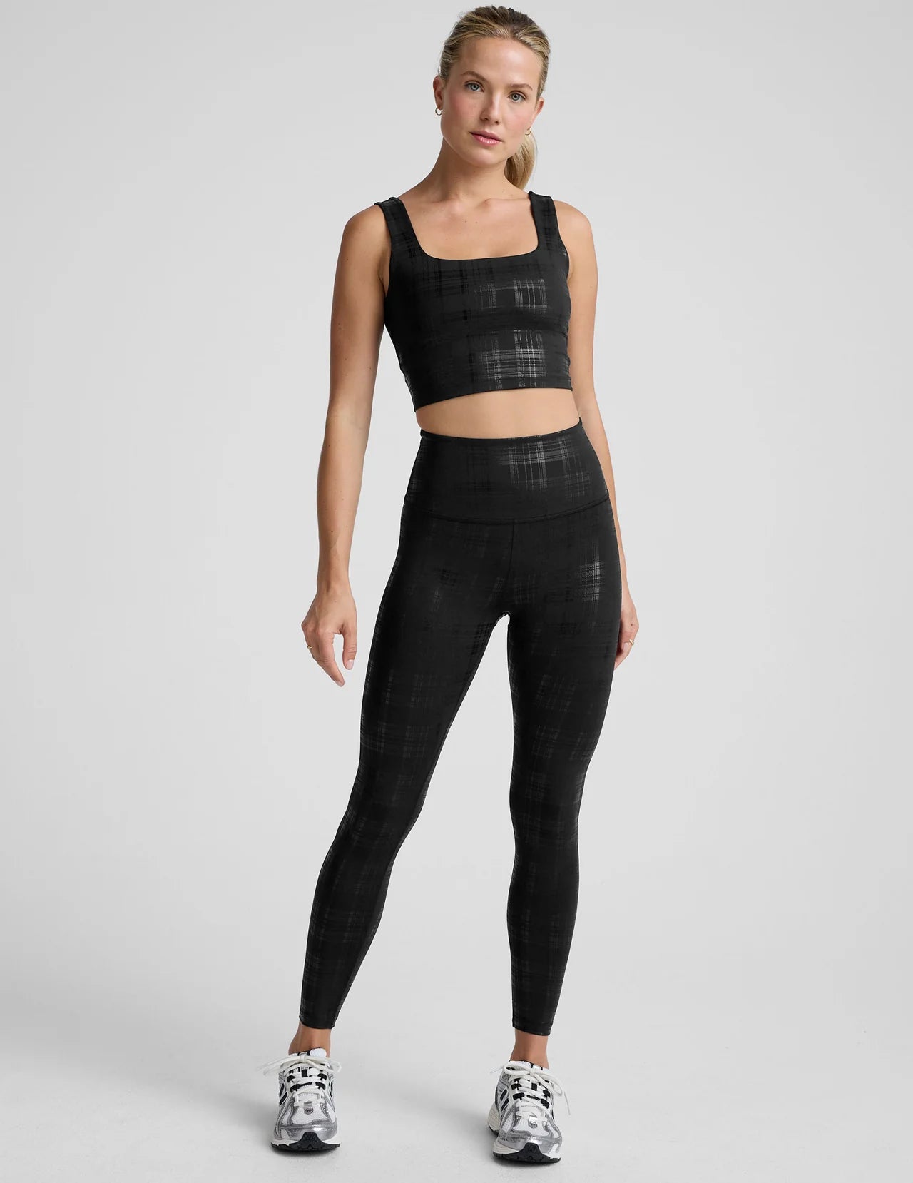 Beyond The Studio High Cropped Tank- Plaid Foil Black