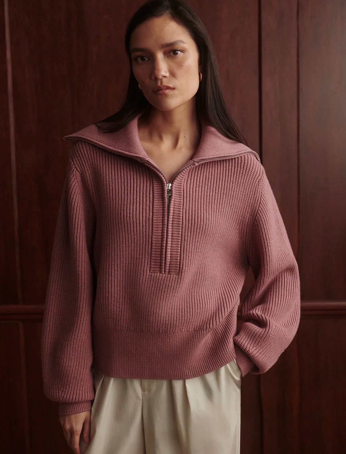 Maura Half-Zip Rib Knit- Wistful Mauve