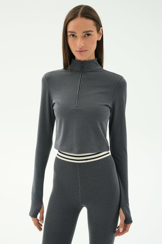 Stevie Active Rib Half Zip- Heather Grey