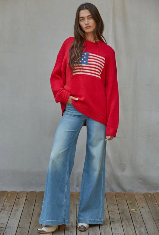 American Flag Knit Sweater - red