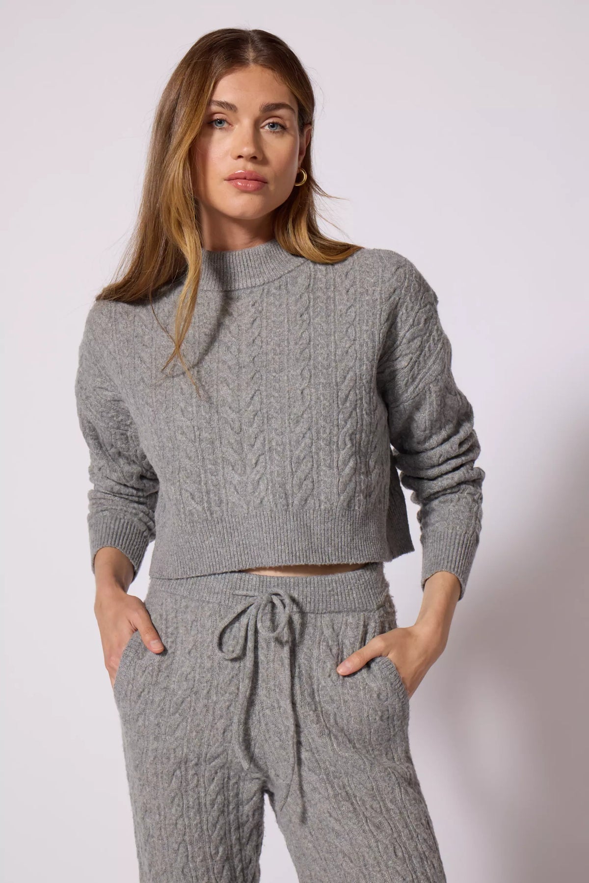 Cable Knit Cropped Sweater- Heather Steel Grey