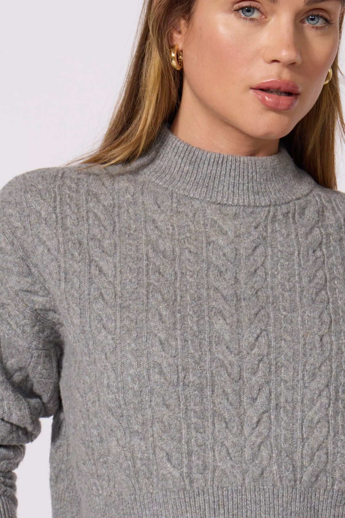 Cable Knit Cropped Sweater- Heather Steel Grey