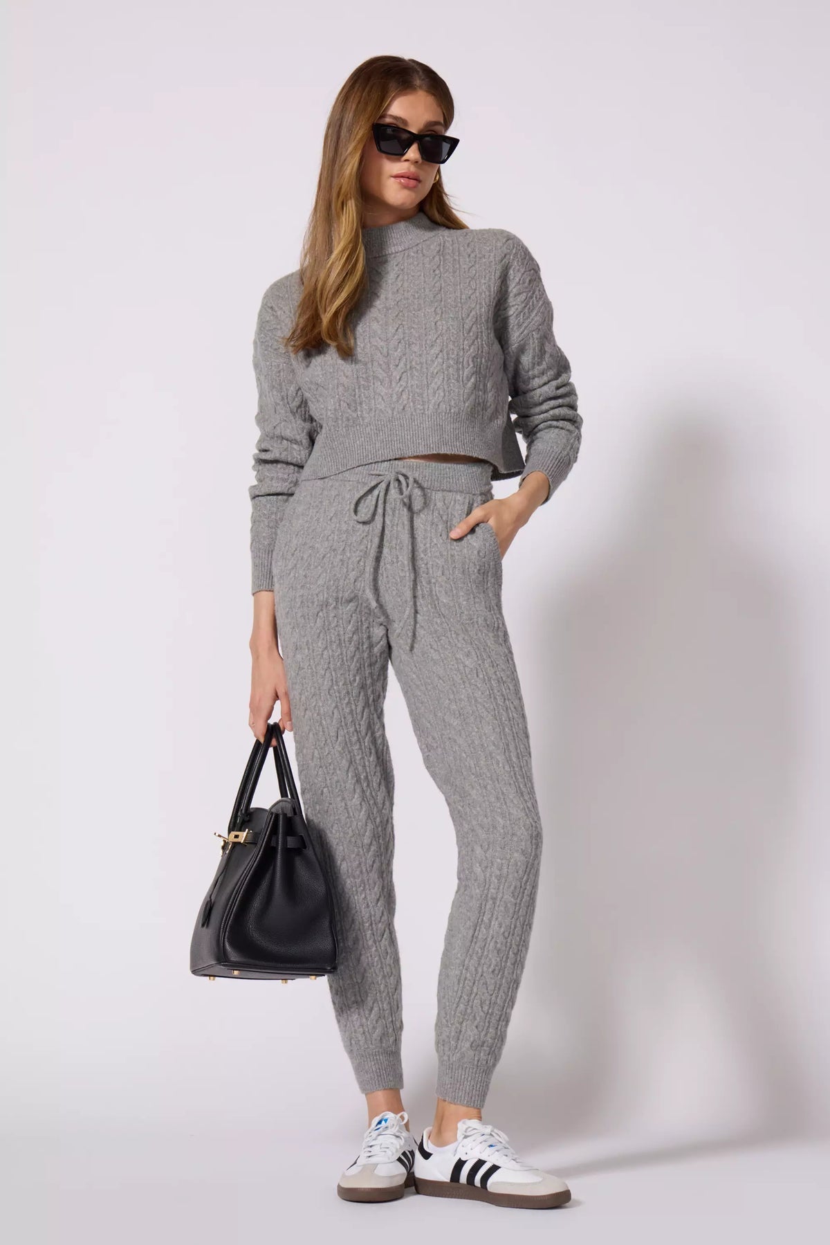 Cable Knit Cropped Sweater- Heather Steel Grey