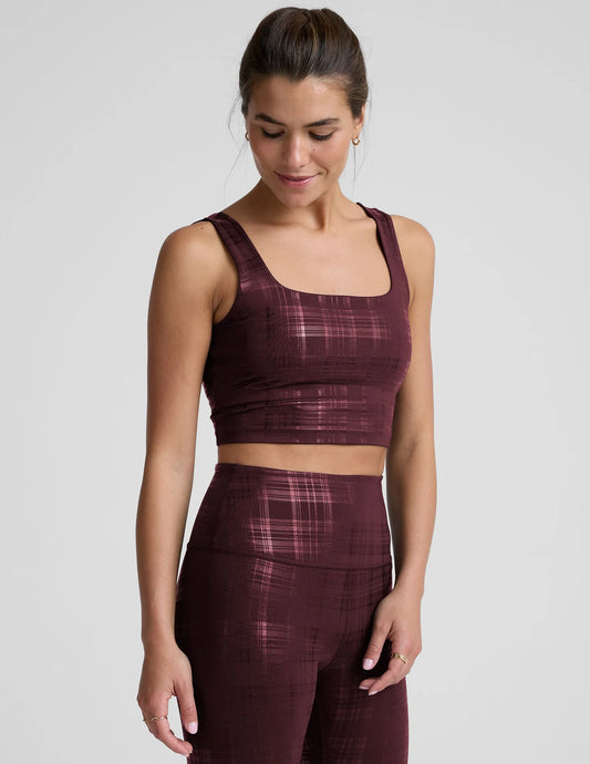 Beyond The Studio High Cropped Tank- Plaid Foil Burgundy