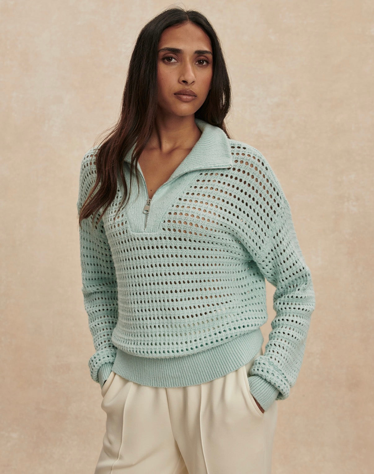 Emeri Half-Zip Knit Sweater- chalk blue