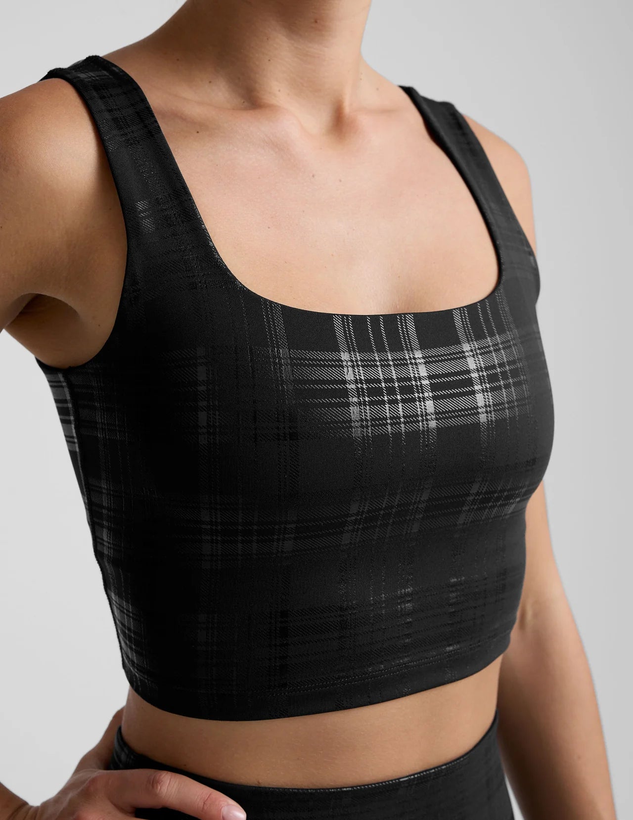 Beyond The Studio High Cropped Tank- Plaid Foil Black