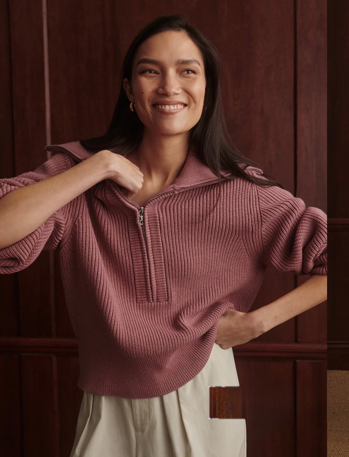 Maura Half-Zip Rib Knit- Wistful Mauve