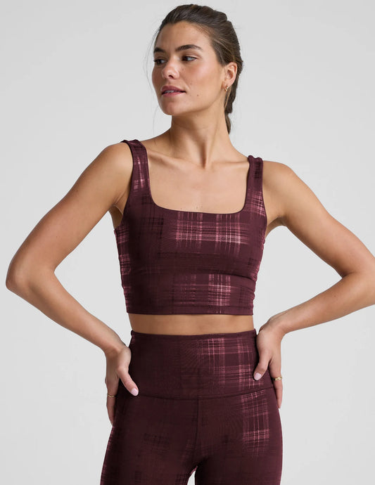 Beyond The Studio High Cropped Tank- Plaid Foil Burgundy