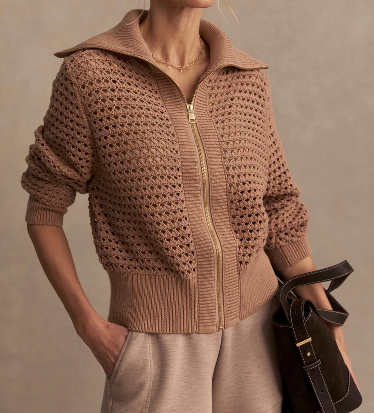 Eloise Zip-Through Knit- Warm Taupe