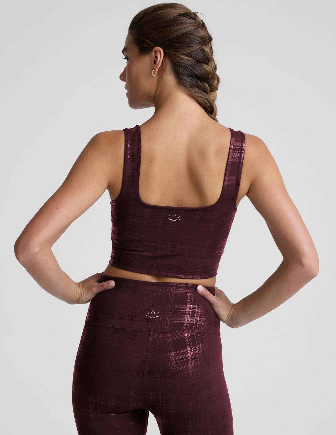 Beyond The Studio High Cropped Tank- Plaid Foil Burgundy