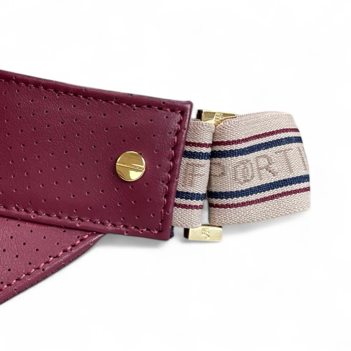 The Visor- crimson leather, varsity striped elastic and gold