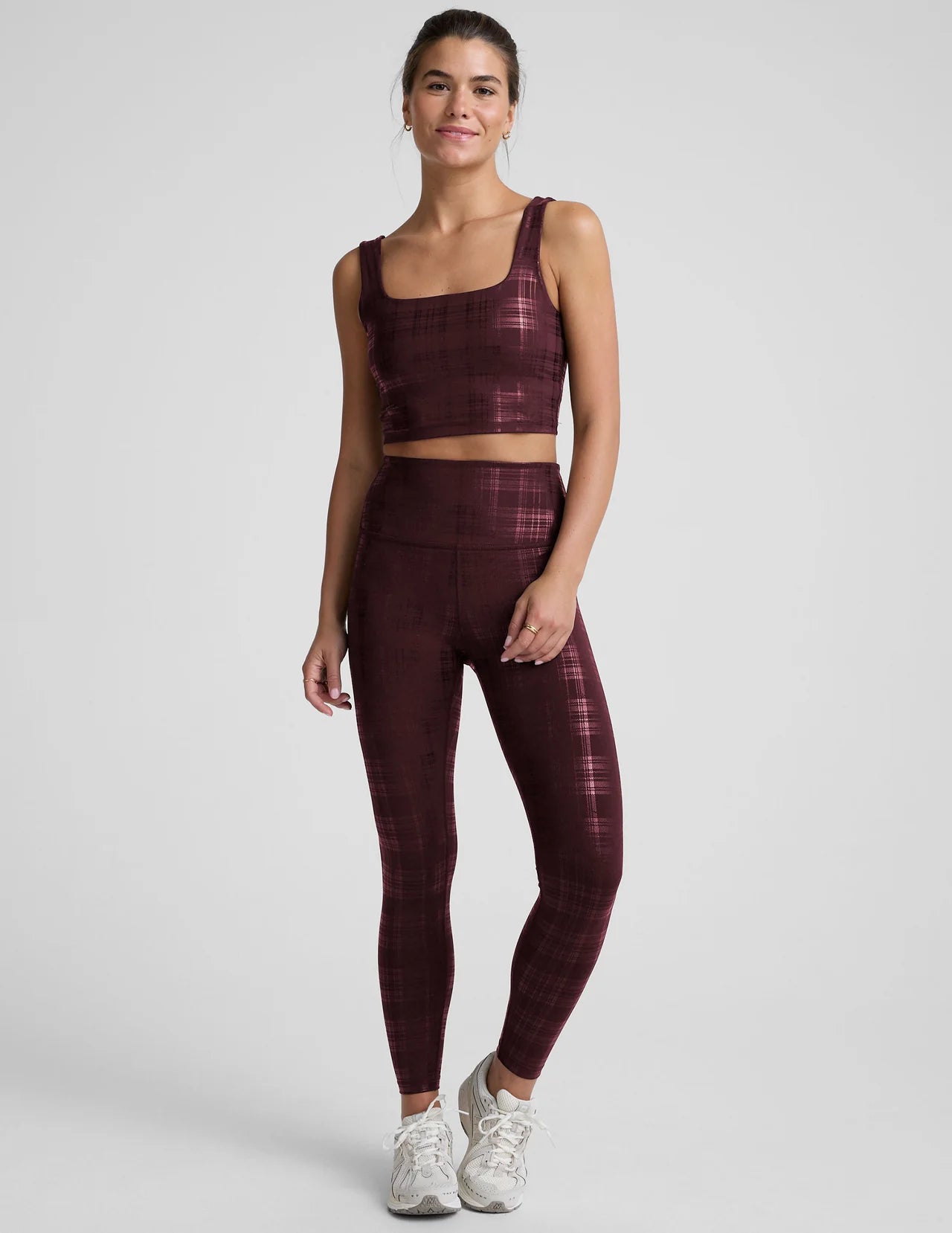 Beyond The Studio High Cropped Tank- Plaid Foil Burgundy