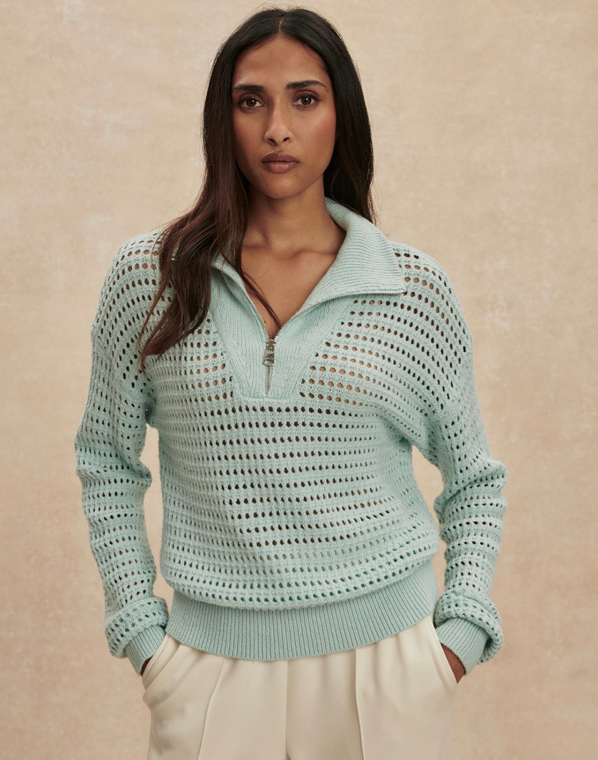 Emeri Half-Zip Knit Sweater- chalk blue