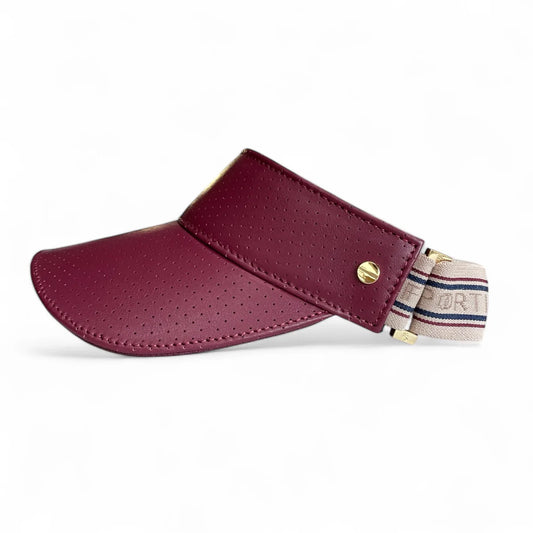 The Visor- crimson leather, varsity striped elastic and gold