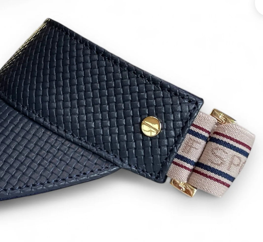 The Visor- navy basketweave leather, varsity striped elastic and gold