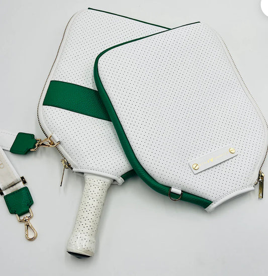 The “Addict” - leather pickleball bag- white w/green