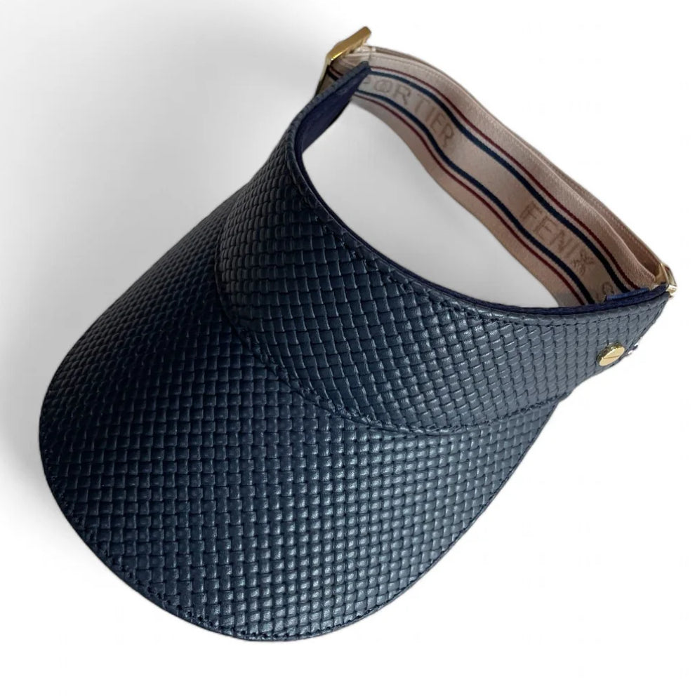 The Visor- navy basketweave leather, varsity striped elastic and gold