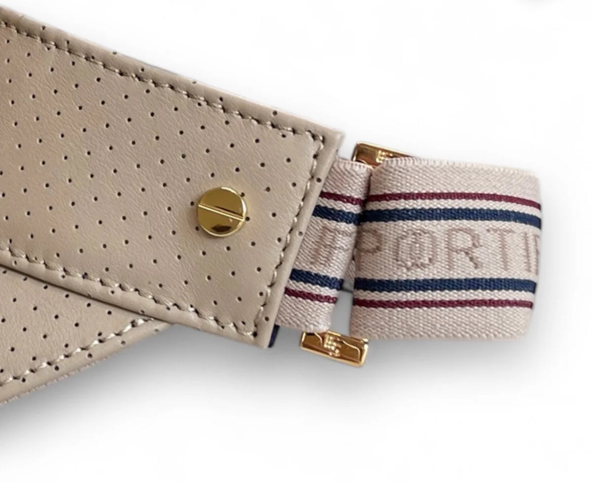 The Visor- khaki leather, varsity striped elastic and gold