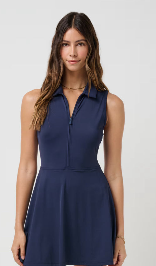 Moveknit sleeveless zip dress- navy blazer