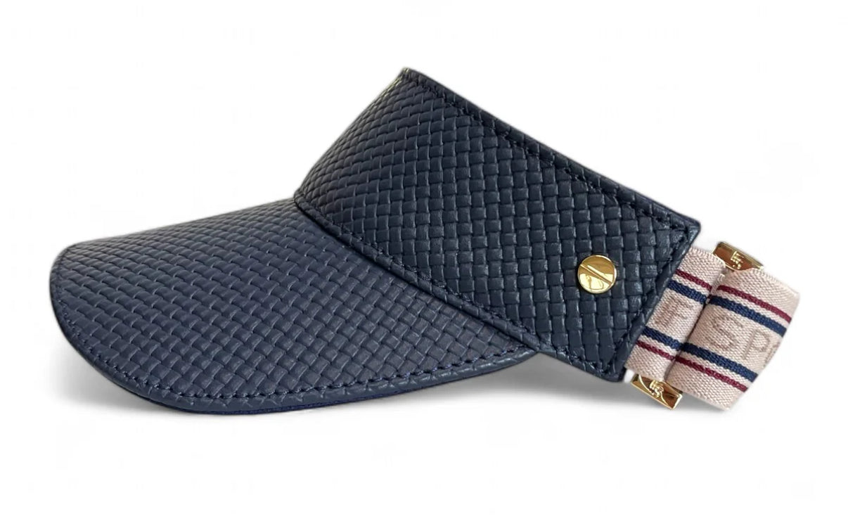 The Visor- navy basketweave leather, varsity striped elastic and gold