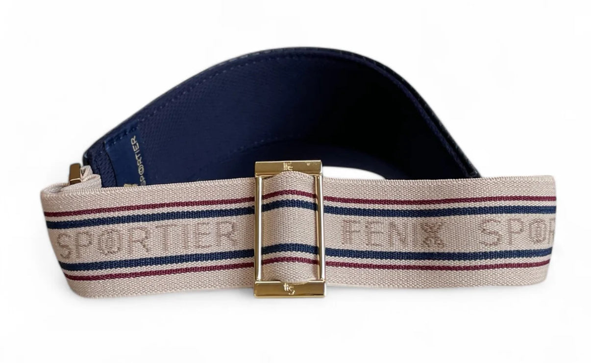 The Visor- navy basketweave leather, varsity striped elastic and gold