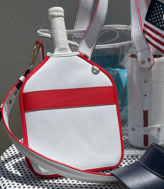 The “Addict” - leather pickleball bag- white w/red