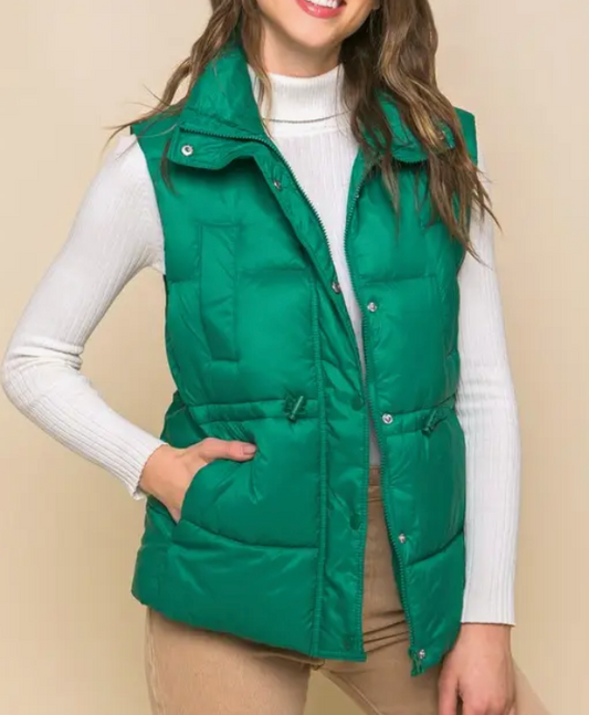 Zip Up Button Puffer Vest with Cinch Waist - Green