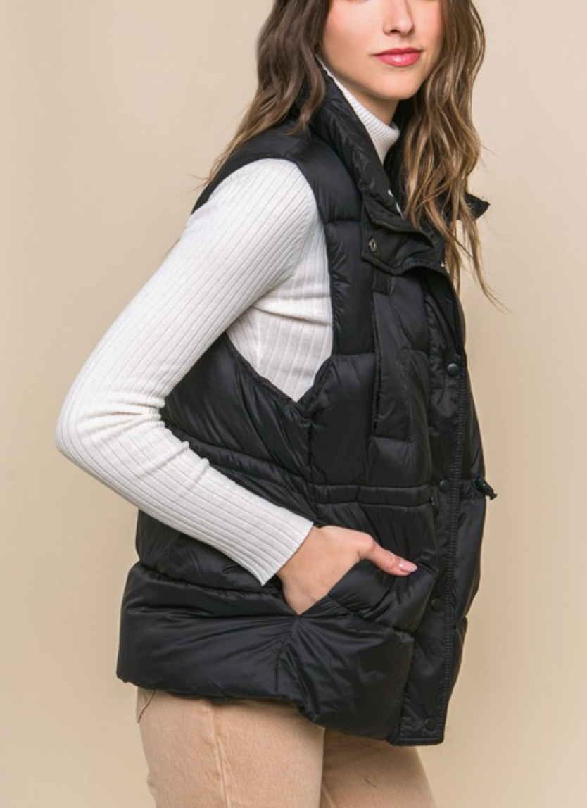 Zip Up Button Puffer Vest with Cinch Waist - Black SCC - Game Set