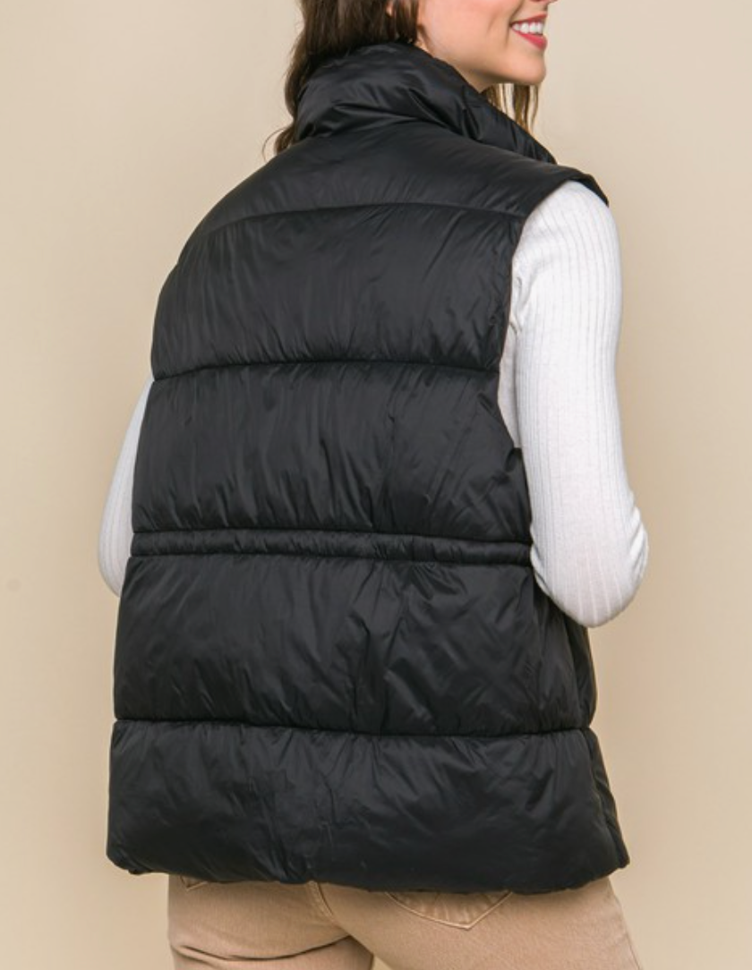 Zip Up Button Puffer Vest with Cinch Waist - Black SCC - Game Set