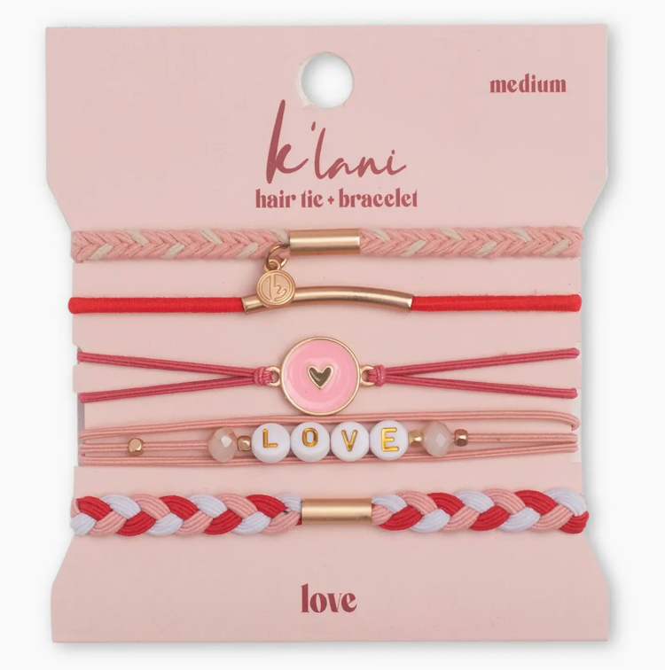 "Love" Pink & Red with Hearts Hair Tie Bracelets