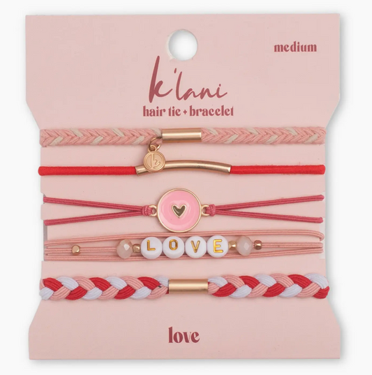 "Love" Pink & Red with Hearts Hair Tie Bracelets
