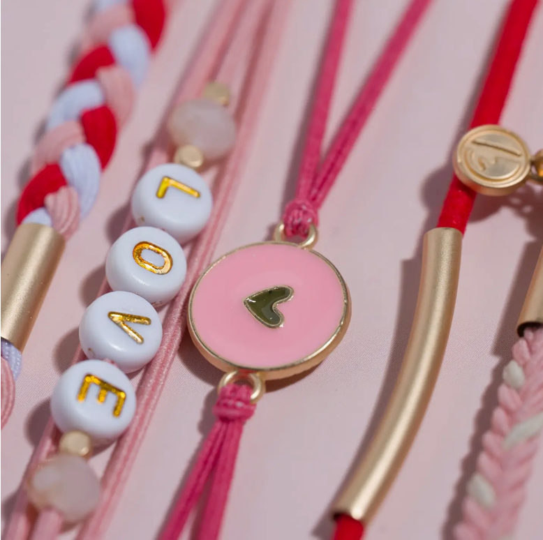 "Love" Pink & Red with Hearts Hair Tie Bracelets