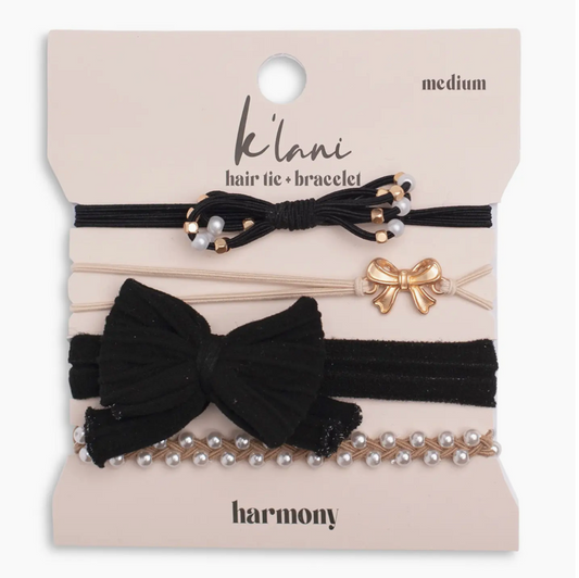 "Harmony" Pearls & Bows in Black & Cream Hair Tie Bracelets