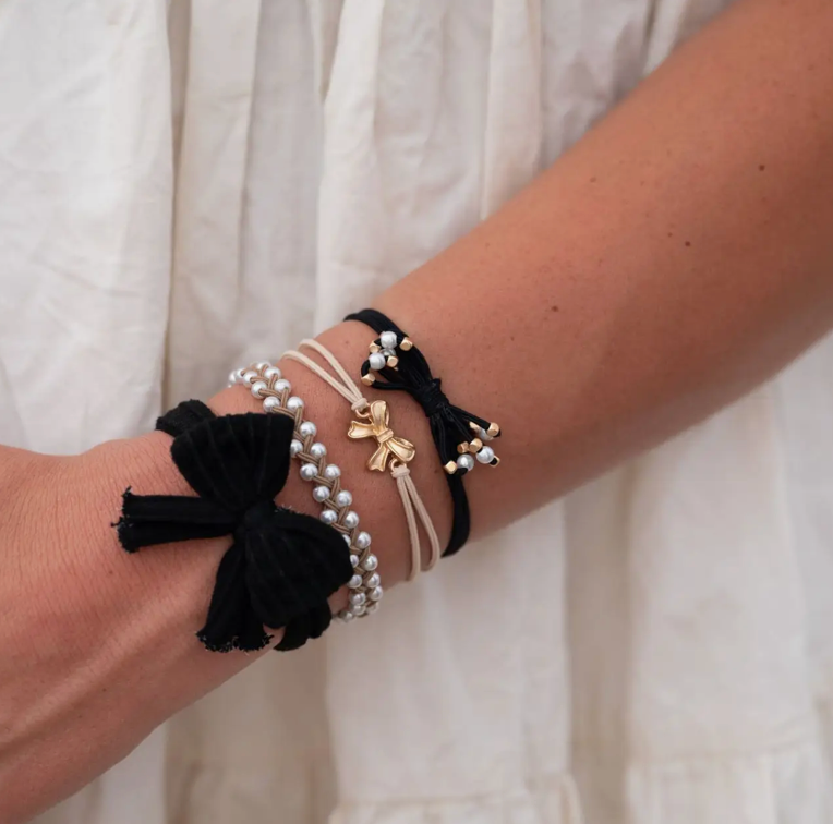 "Harmony" Pearls & Bows in Black & Cream Hair Tie Bracelets