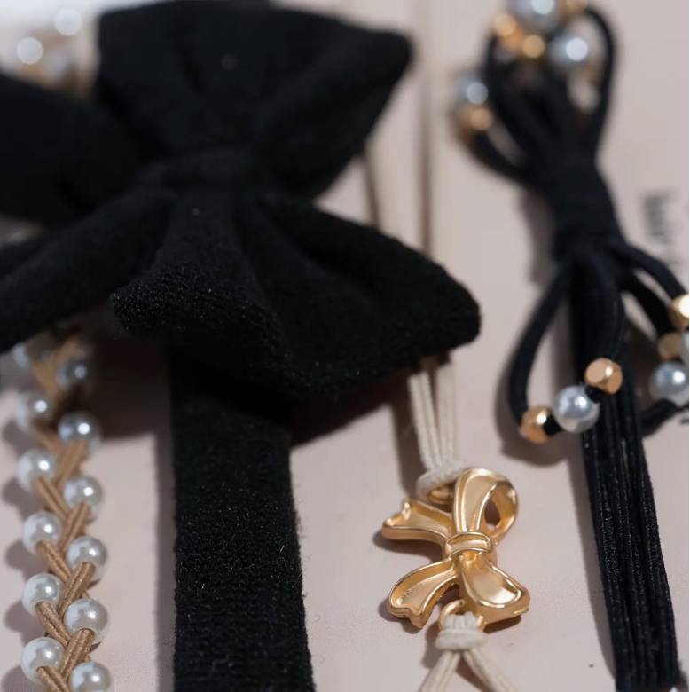"Harmony" Pearls & Bows in Black & Cream Hair Tie Bracelets