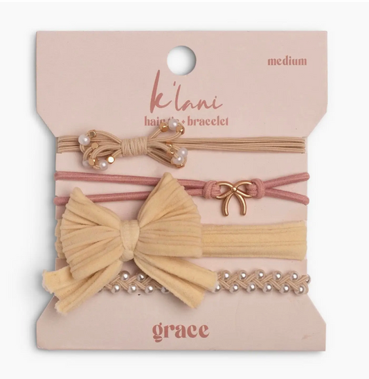 "Grace" Pinks, Pearls & Bows Hair Tie Bracelets