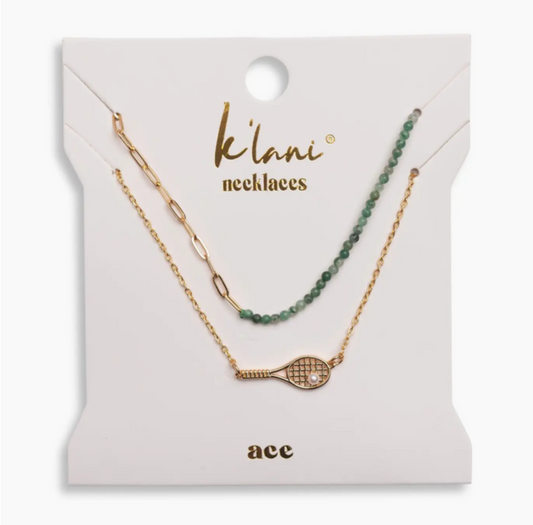 "Ace" Gold Tennis Racket with Green Beads Necklace Set