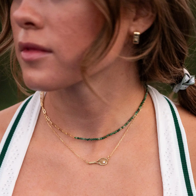 "Ace" Gold Tennis Racket with Green Beads Necklace Set