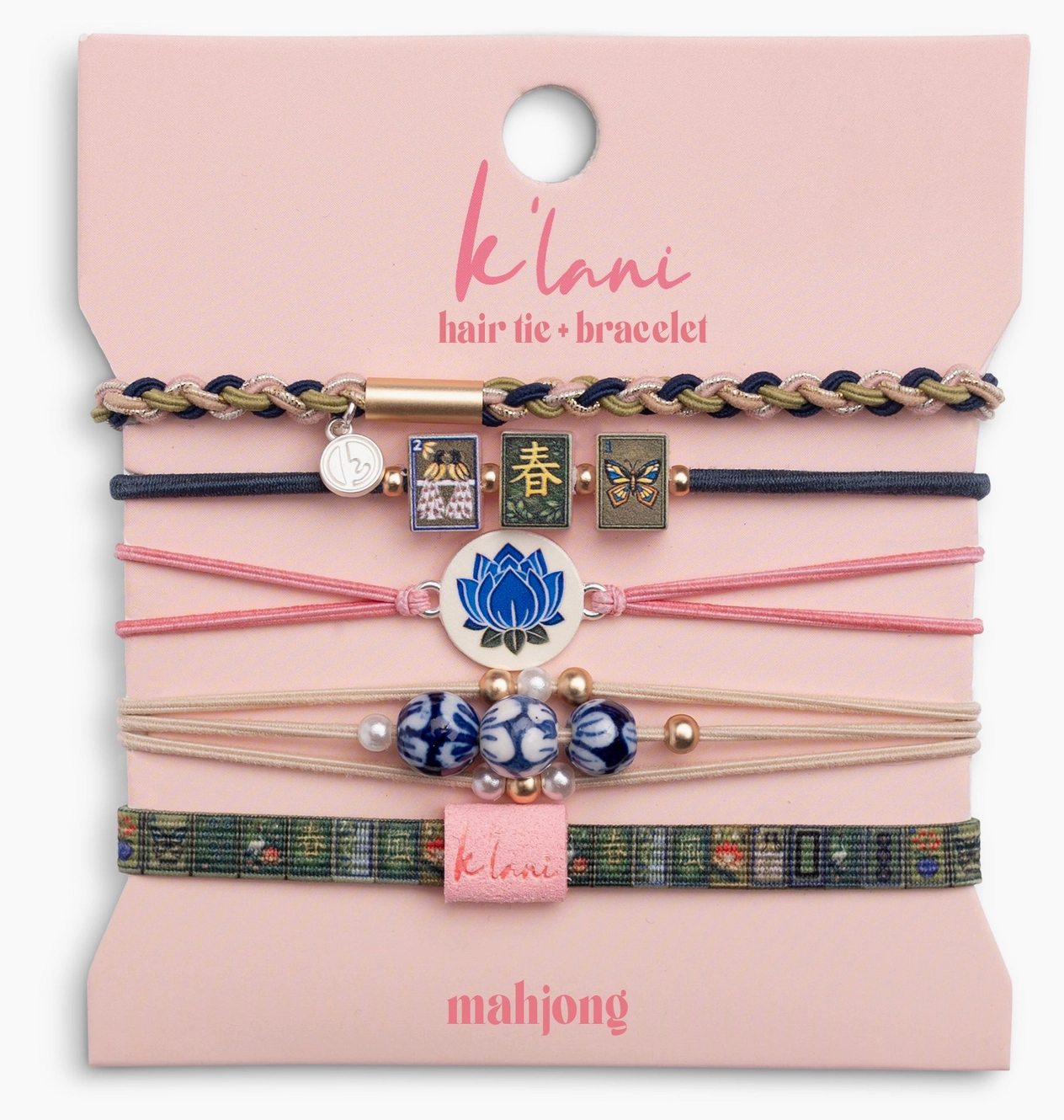 "Mahjong" Themed in Pink, Green & Blue with Lotus & Tile Accent Hair Tie Bracelets