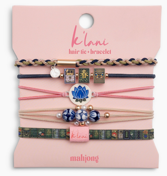 "Mahjong" Themed in Pink, Green & Blue with Lotus & Tile Accent Hair Tie Bracelets